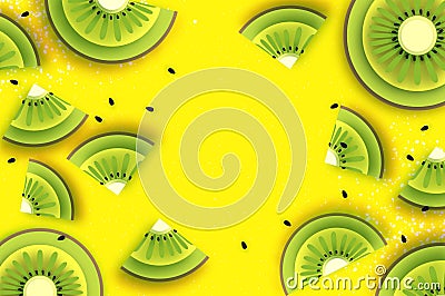 Slice of kiwi.Top view. Kiwi Super Summer in paper cut style. Origami juicy ripe green slices. Healthy food on yellow Vector Illustration