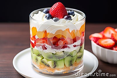 slice layered fruit salad in a dessert cup Stock Photo