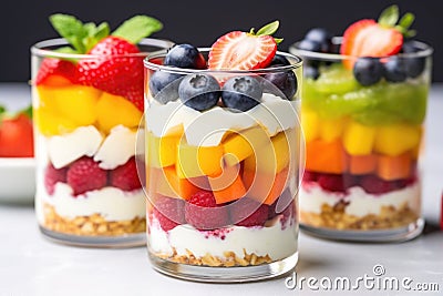 slice layered fruit salad in a dessert cup Stock Photo