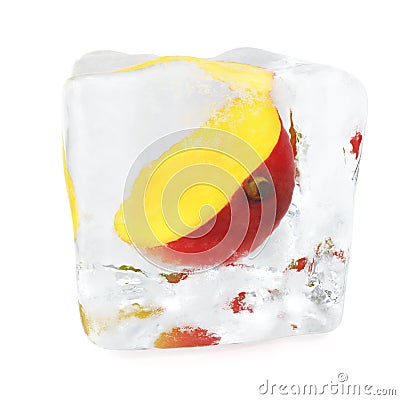Slice Mango frozen in ice cube, ice cube in front view, single ice cube isolated on white background, 3d rendering Stock Photo