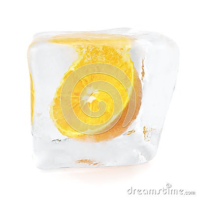 Slice Orange frozen in ice cube. Ice cube in front view, single ice cube isolated on white background. 3d rendering Stock Photo