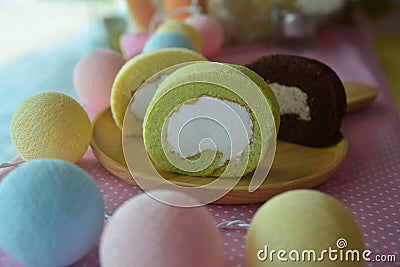 Slice of Pandan roll cake Stock Photo