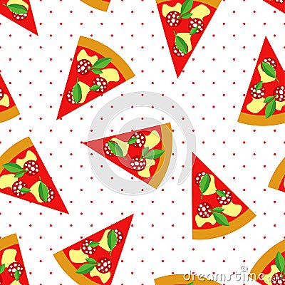 Slice of Pepperoni Pizza seamless pattern on polka dots background. Vector Illustration