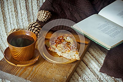 Slice pie, tea and book Stock Photo