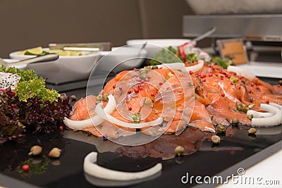 Slice piece smoked salmon on plate Stock Photo