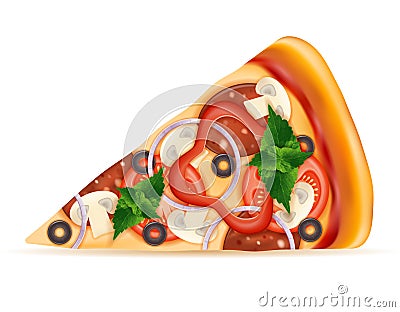 Slice of pizza with cheese tomato salami olive champignon onion Vector Illustration