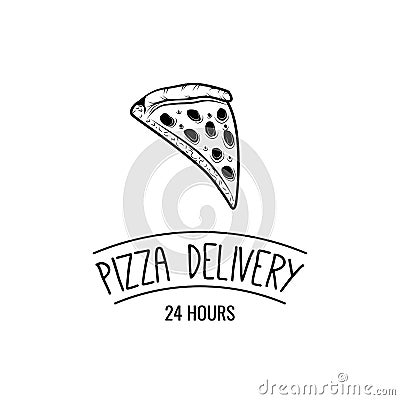 Slice Of Pizza. Food Delivery. 24 Hours. Label Pizzeria. Design Elements Vector Illustration