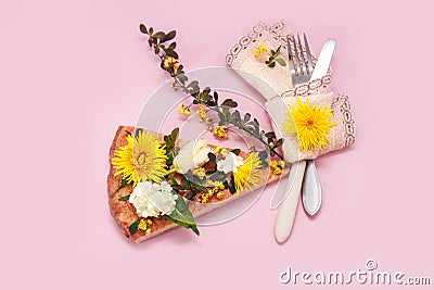 Piece pizza slice yellow pink background plug knife flower dandelion green yellow bouquet bunch tulip Stock Photo