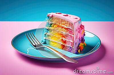 a slice of rainbow cake on a plate with a fork Stock Photo
