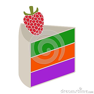 Slice of rainbow layer cake with raspberry fruit for apps and websites Vector Illustration