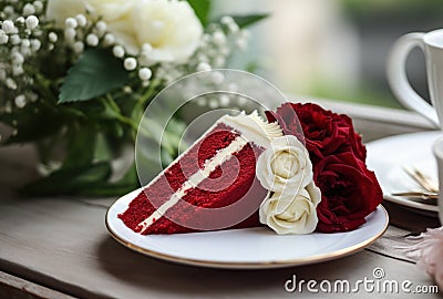 a slice of red velvet cake with white and red roses on a plate Stock Photo