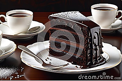 A slice of rich chocolate cake with dripping dark chocolate ganache, arranged on a delicate porcelain plate Stock Photo