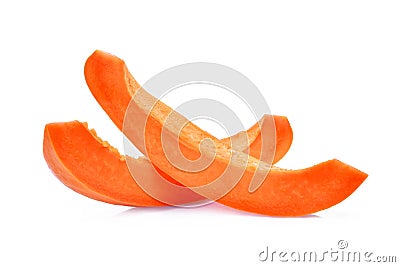 Slice of ripe papaya with seeds isolated on white Stock Photo