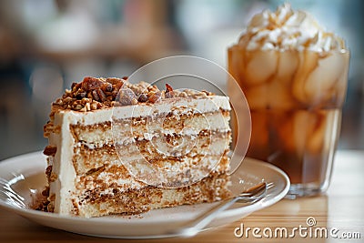 Slice of Spanish Gato de Almendras cake and glass of iced coffee. Stock Photo