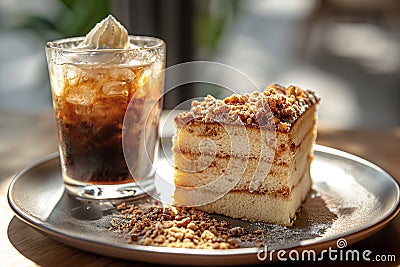 Slice of Spanish Gato de Almendras cake and glass of iced coffee. Stock Photo