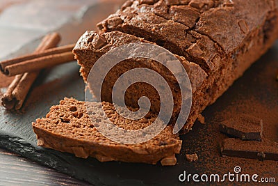 Slice of sponge chocolate cake. Chocolate, homemade dessert Stock Photo