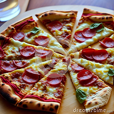 Slice of supreme pizza with melting cheese. Stock Photo