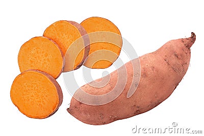 slice sweet potato isolated on white background closeup. Top view. Flat lay. Stock Photo