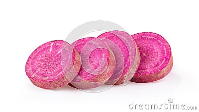 Slice sweet yam potato with leaf on the white background Stock Photo