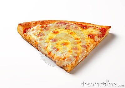 Slice of tasty margarita four cheese pizza on white.Macro.AI Generative Stock Photo