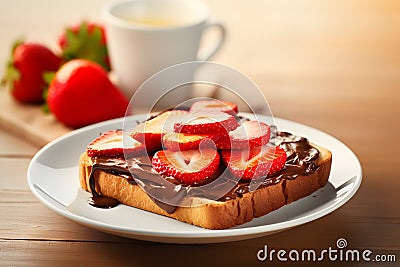 Slice of toast sandwich with cocoa spread and strawberry fruits on plate Stock Photo