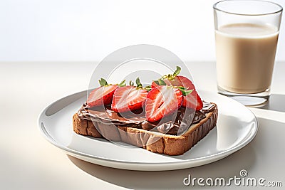 Slice of toast sandwich with cocoa spread and strawberry fruits Stock Photo