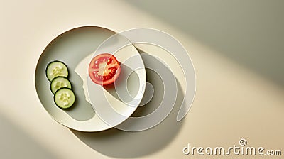 A slice of tomato and cucumber on a plate, top view, empty light space Stock Photo