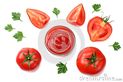 slice of tomato with parsley and glass bowl of ketchup isolated on white background. top view Stock Photo