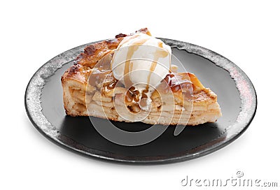 Slice of traditional apple pie with ice cream isolated on white Stock Photo