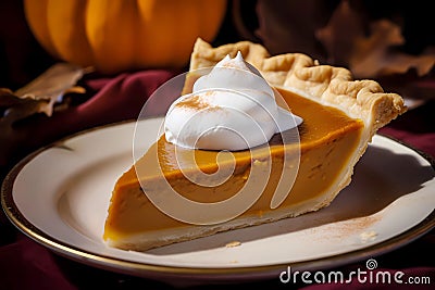 Slice of traditional pumkin pie with a dollop of whipped cream, generative AI Stock Photo