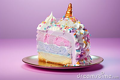 Slice of unicorn cream cake on pastel colored background Stock Photo