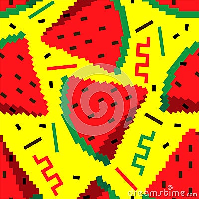 Slice of watermelon pixel art pattern seamless. 8 bit Red melon background Vector Illustration