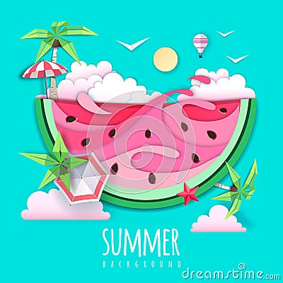 Slice of watermelon with sea or osean island landscape inside. Summer beach background. Cut out paper art style design. Origami Vector Illustration