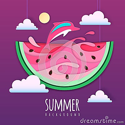 Slice of watermelon with sea or osean landscape and dolphin inside. Summer beach background. Cut out paper art style design. Vector Illustration