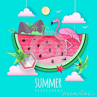 Slice of watermelon with sea or osean landscape and flamingo inside. Summer beach background. Cut out paper art style design. Vector Illustration