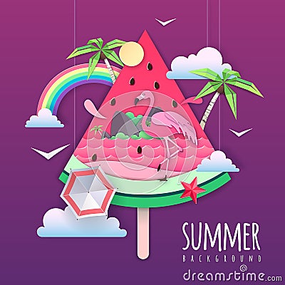 Slice of watermelon with sea or osean landscape and flamingo inside. Summer beach background. Cut out paper art style design. Vector Illustration