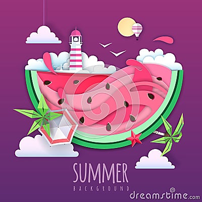 Slice of watermelon with sea or osean landscape inside and lighthouse. Summer beach background. Cut out paper art style design. Vector Illustration