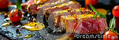 Sliced Ahi Tuna Steak, Slightly Roasted Red Fish Carpaccio with Honey Mustard Sauce Stock Photo