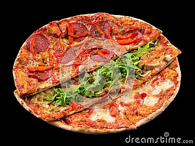 Assorty pizza from three different pizzas isolated on black background Stock Photo