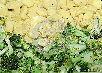 Sliced baby corn and broccoli Stock Photo