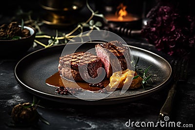 Sliced barbecue grilled medium beef steak served with herbs and peppers . Stock Photo