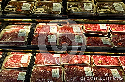 Sliced beef meat in Asian market Editorial Stock Photo