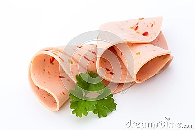 Sliced boiled ham sausage isolated on white background, top view Stock Photo