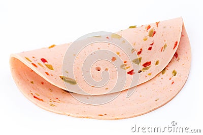 Sliced boiled ham sausage isolated on white background, top view Stock Photo