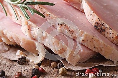 Sliced boiled pork macro on an old table. horizontal Stock Photo