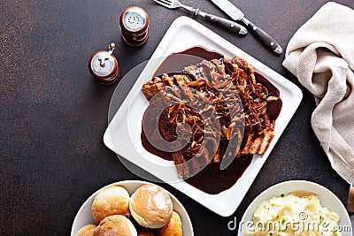 Sliced brisket with caramelized onions Stock Photo