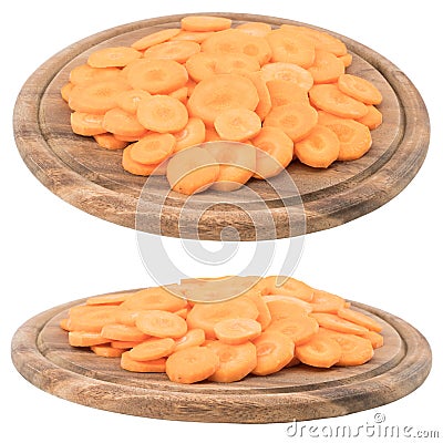 Sliced carrots on a cutting board. Isolated on white background. Stock Photo