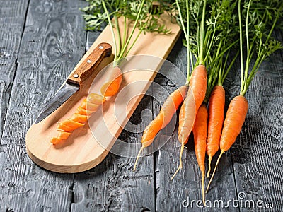 Sliced carrots with a knife on the cutting Board on the dark wooden table. Stock Photo