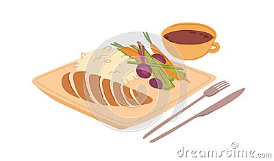 Sliced chicken fillet, rice, and fresh vegetables served on plate with tea cup. Healthy balanced steamed food for lunch Vector Illustration