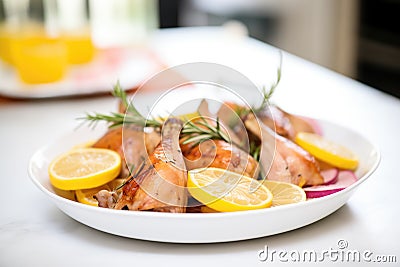 sliced chicken with lemon wedges and rosemary sprigs Stock Photo